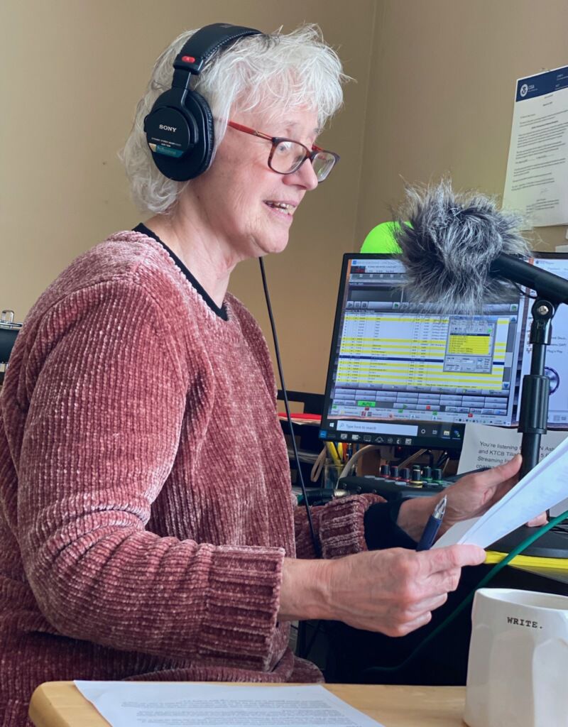 KMUNs Joanne Rideout broadcasting live by remote from an undiscloed location on the south slope of Astoria.jpg